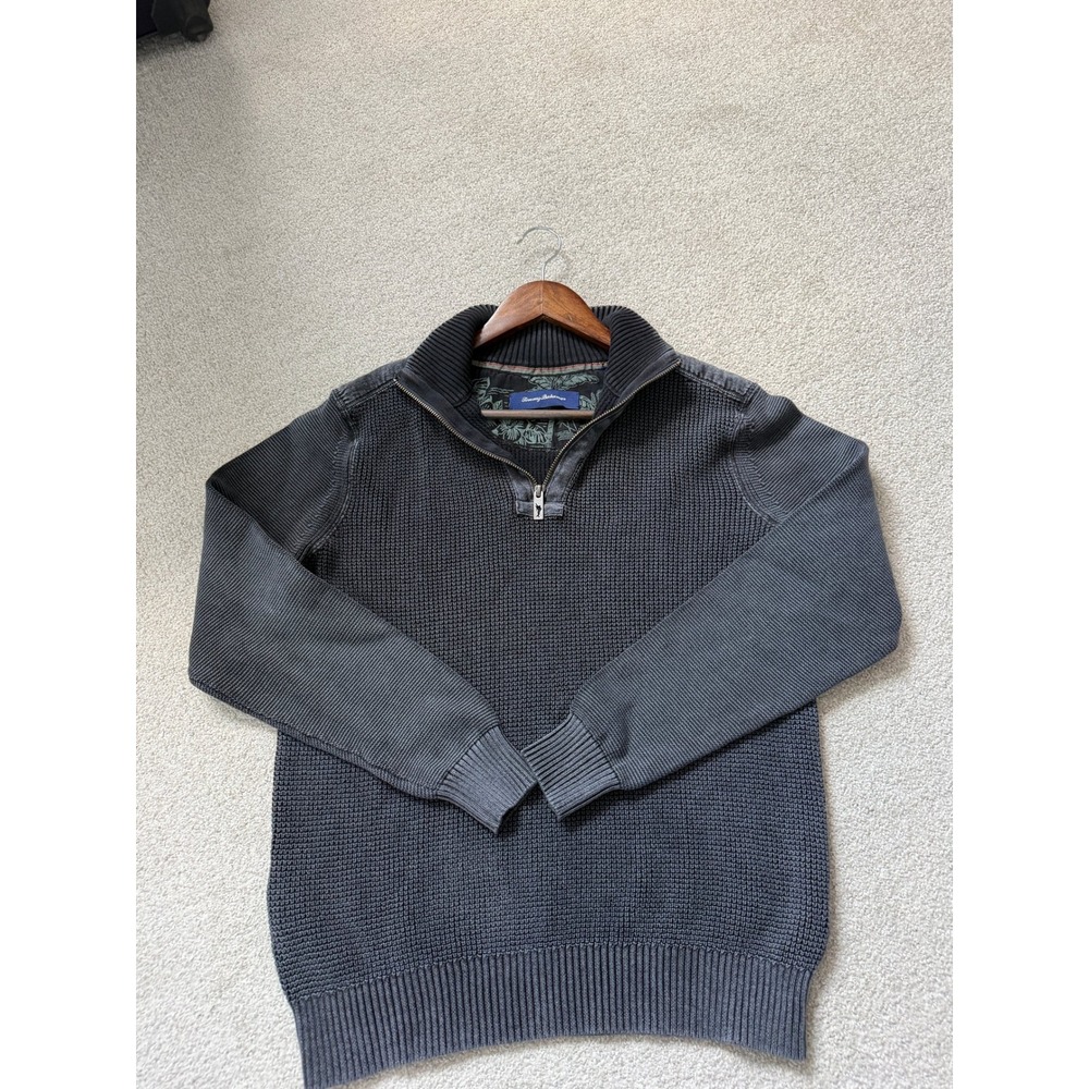 Tommy Bahama Coastal 100% Cotton Quarter Zip Sweater Size M Gray Waffle Knit